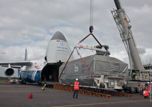 The Arabsat 5A communications satellite is unloaded after its transport to Rochambeau International Airport, located near French Guiana’s capital city of Cayenne. The Arabsat 5A communications satellite is unloaded after its transport to Rochambeau International Airport, located near French Guiana’s capital city of Cayenne.