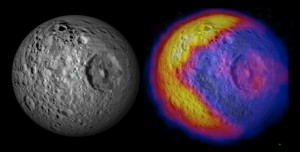 This figure illustrates the unexpected and bizarre pattern of daytime temperatures found on Saturn's small inner moon Mimas (396 kilometers, or 246 miles, in diameter). Credit: NASA/JPL/GSFC/SWRI/SSI This figure illustrates the unexpected and bizarre pattern of daytime temperatures found on Saturn's small inner moon Mimas (396 kilometers, or 246 miles, in diameter). Credit: NASA/JPL/GSFC/SWRI/SSI