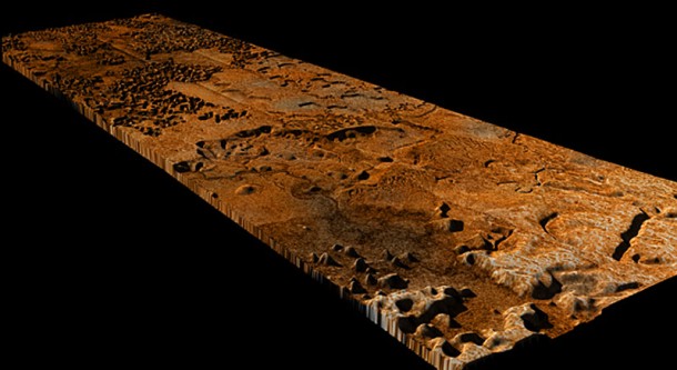 This artistic interpretation of the Sikun Labyrinthus area on Saturn's moon Titan is based on radar and imaging data from NASA's Cassini spacecraft and the descent imaging and spectral radiometer on the European Space Agency's Huygens probe. The relative elevations are speculative and organized around the assumption that fluids are flowing downhill. Image credit: NASA/JPL/ESA/SSI and M. Malaska/B. Jonsson This artistic interpretation of the Sikun Labyrinthus area on Saturn's moon Titan is based on radar and imaging data from NASA's Cassini spacecraft and the descent imaging and spectral radiometer on the European Space Agency's Huygens probe. The relative elevations are speculative and organized around the assumption that fluids are flowing downhill. Image credit: NASA/JPL/ESA/SSI and M. Malaska/B. Jonsson
