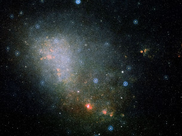 Wide field image, based on data from Digitized Sky Survey 2, around the star-forming region NGC 346, inside the Small Magellanic Cloud galaxy. Credit: ESO Wide field image, based on data from Digitized Sky Survey 2, around the star-forming region NGC 346, inside the Small Magellanic Cloud galaxy. Credit: ESO