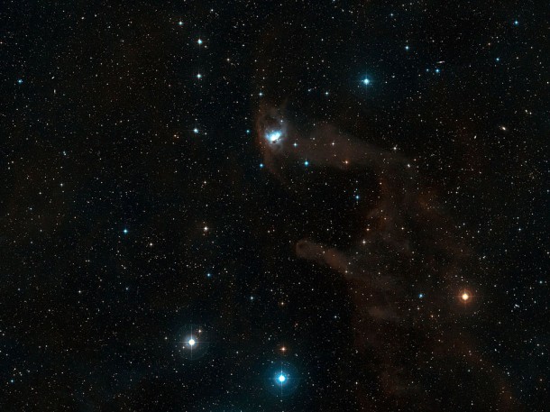 The delicate nebula NGC 1788 is located in a dark and often neglected corner of the Orion constellation. Although this ghostly cloud is rather isolated from Orion’s bright stars, their powerful winds and light have a strong impact on the nebula, forging its shape and making it a home to a multitude of infant suns. Credit: ESO/Digitized Sky Survey 2 The delicate nebula NGC 1788 is located in a dark and often neglected corner of the Orion constellation. Although this ghostly cloud is rather isolated from Orion’s bright stars, their powerful winds and light have a strong impact on the nebula, forging its shape and making it a home to a multitude of infant suns. Credit: ESO/Digitized Sky Survey 2