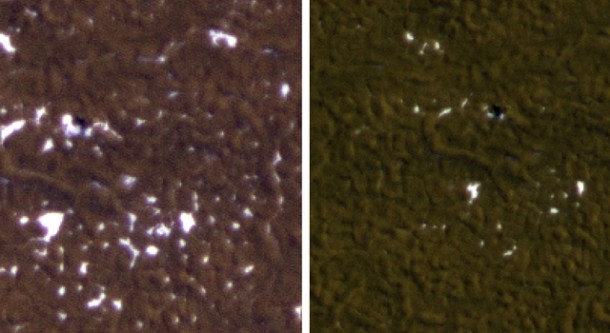 Stages in the seasonal disappearance of surface ice from the ground around the Phoenix Mars Lander are visible in these images taken on Feb. 8, 2010, (left) and Feb. 25, 2010, during springtime on northern Mars. Image credit: NASA/JPL-Caltech/University of Arizona 
