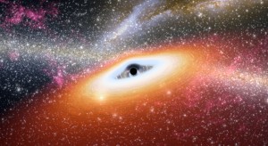 This artist's conception illustrates one of the most primitive supermassive black holes known (central black dot) at the core of a young, star-rich galaxy. Image credit: NASA/JPL-Caltech This artist's conception illustrates one of the most primitive supermassive black holes known (central black dot) at the core of a young, star-rich galaxy. Image credit: NASA/JPL-Caltech