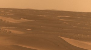 NASA's Mars Exploration Rover used its panoramic camera to record this view of the rim of a crater about 65 kilometers (40 miles) in the distance, on the southwestern horizon. Image Credit: NASA/JPL-Caltech/Cornell University NASA's Mars Exploration Rover used its panoramic camera to record this view of the rim of a crater about 65 kilometers (40 miles) in the distance, on the southwestern horizon. Image Credit: NASA/JPL-Caltech/Cornell University