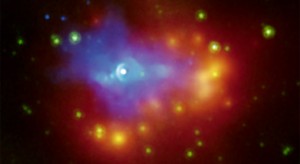 A composite image from NASA's Chandra (blue) and Spitzer (green and red-yellow) space telescopes shows the dusty remains of a collapsed star, a supernova remnant called G54.1+0.3. Image credit: NASA/CXC/JPL-Caltech/Harvard-Smithsonian CfA A composite image from NASA's Chandra (blue) and Spitzer (green and red-yellow) space telescopes shows the dusty remains of a collapsed star, a supernova remnant called G54.1+0.3. Image credit: NASA/CXC/JPL-Caltech/Harvard-Smithsonian CfA