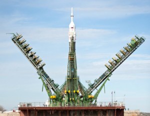 The Soyuz TMA-18 spacecraft is raised into position shortly after it was rolled out by train to the launch pad at the Baikonur Cosmodrome, Kazakhstan. Image Credit: NASA / Carla Cioffi