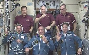 The Expedition 23 crew speaks with family members and representatives on the ground. Image Credit: NASA TV The Expedition 23 crew speaks with family members and representatives on the ground. Image Credit: NASA TV