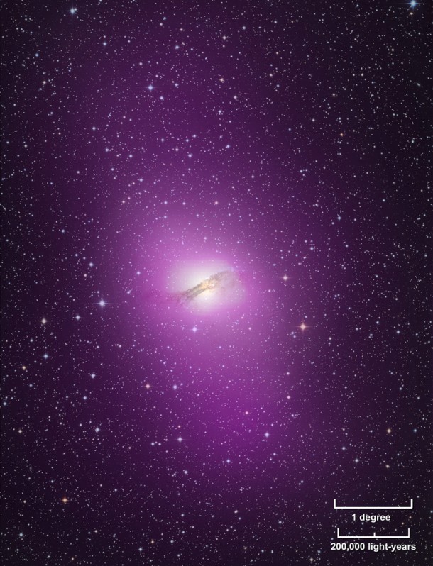 The gamma-ray output from Cen A's lobes exceeds their radio output by more than ten times. High-energy gamma rays detected by Fermi's Large Area Telescope are depicted as purple in this gamma ray/optical composite of the galaxy. Credit: NASA/DOE/Fermi LAT Collaboration, Capella Observatory The gamma-ray output from Cen A's lobes exceeds their radio output by more than ten times. High-energy gamma rays detected by Fermi's Large Area Telescope are depicted as purple in this gamma ray/optical composite of the galaxy. Credit: NASA/DOE/Fermi LAT Collaboration, Capella Observatory