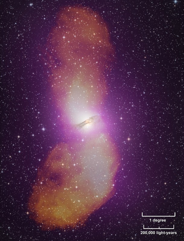 It takes the addition of radio data (orange) to fully appreciate the scale of Cen A's giant radio-emitting lobes, which stretch more than 1.4 million light-years. Gamma-rays from Fermi's Large Area Telescope (purple) and an image of the galaxy in visible light are also included in this composite. Credit: NASA/DOE/Fermi LAT Collaboration, Capella Observatory, and Ilana Feain, Tim Cornwell, and Ron Ekers (CSIRO/ATNF), R. Morganti (ASTRON), and N. Junkes (MPIfR) It takes the addition of radio data (orange) to fully appreciate the scale of Cen A's giant radio-emitting lobes, which stretch more than 1.4 million light-years. Gamma-rays from Fermi's Large Area Telescope (purple) and an image of the galaxy in visible light are also included in this composite. Credit: NASA/DOE/Fermi LAT Collaboration, Capella Observatory, and Ilana Feain, Tim Cornwell, and Ron Ekers (CSIRO/ATNF), R. Morganti (ASTRON), and N. Junkes (MPIfR)