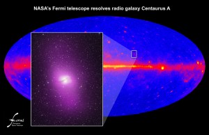 Fermi's Large Area Telescope resolved high-energy gamma rays from an extended region around the active galaxy Centaurus A. The emission corresponds to million-light-year-wide radio-emitting gas thrown out by the galaxy's supersized black hole. This inset shows an optical/gamma-ray composite of the galaxy and its location on the Fermi one-year sky map. Credit: NASA/DOE/Fermi LAT Collaboration, Capella Observatory Fermi's Large Area Telescope resolved high-energy gamma rays from an extended region around the active galaxy Centaurus A. The emission corresponds to million-light-year-wide radio-emitting gas thrown out by the galaxy's supersized black hole. This inset shows an optical/gamma-ray composite of the galaxy and its location on the Fermi one-year sky map. Credit: NASA/DOE/Fermi LAT Collaboration, Capella Observatory