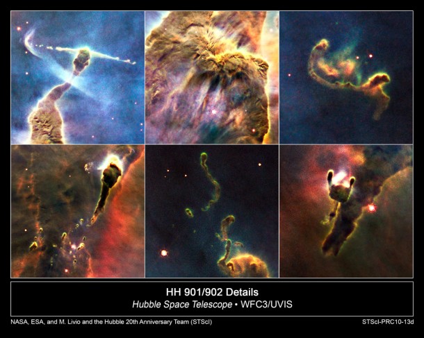 This is a series of close-up views of the complex gas structures in a small portion of the Carina Nebula. The nebula is a cold cloud of predominantly hydrogen gas. It is laced with dust, which makes the cloud opaque. The cloud is being eroded by a gusher of ultraviolet light from young stars in the region. They sculpt a variety of fantasy shapes, many forming tadpole-like structures. In some frames, smaller pieces of nebulosity can be seen freely drifting, such as the 2.3-trillion-mile-long structure at upper right. The most striking feature is a 3.5- trillion-mile-long horizontal jet in the upper left frame. It is being blasted into space by a young star hidden in the tip of the pillar-like structure. A bowshock has formed near the tip of the jet. Credit: NASA, ESA, and M. Livio and the Hubble 20th Anniversary Team (STScI) This is a series of close-up views of the complex gas structures in a small portion of the Carina Nebula. The nebula is a cold cloud of predominantly hydrogen gas. It is laced with dust, which makes the cloud opaque. The cloud is being eroded by a gusher of ultraviolet light from young stars in the region. They sculpt a variety of fantasy shapes, many forming tadpole-like structures. In some frames, smaller pieces of nebulosity can be seen freely drifting, such as the 2.3-trillion-mile-long structure at upper right. The most striking feature is a 3.5- trillion-mile-long horizontal jet in the upper left frame. It is being blasted into space by a young star hidden in the tip of the pillar-like structure. A bowshock has formed near the tip of the jet. Credit: NASA, ESA, and M. Livio and the Hubble 20th Anniversary Team (STScI)