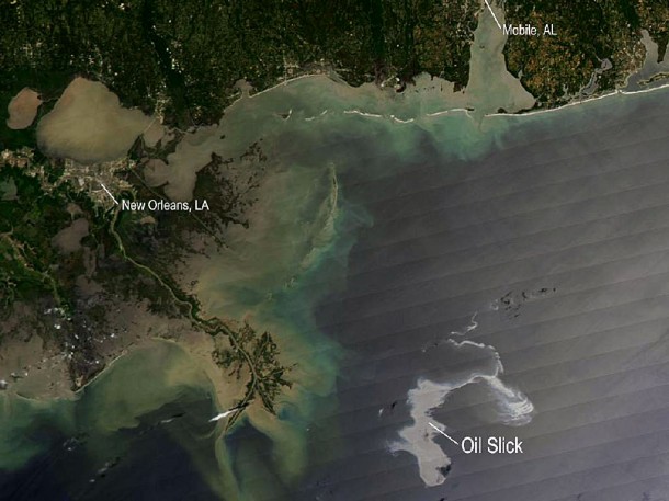 Oil Slick Spreads off Gulf Coast. Credit: NASA/MODIS Rapid Response Team Oil Slick Spreads off Gulf Coast. Credit: NASA/MODIS Rapid Response Team