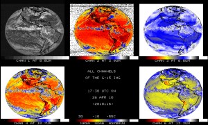 NOAA's newest Geostationary Operational Environmental Satellite – GOES-15 – took its first Imager full-disk infrared image of the Earth on April 26 starting at 1730 UTC (1:30 p.m. EDT). Each of the five Imager spectral bands are shown. There is one visible band and four infrared bands (shortwave window, water vapor, longwave window and a CO2 sensitive band): Credit: NASA/NOAA/SSEC NOAA's newest Geostationary Operational Environmental Satellite – GOES-15 – took its first Imager full-disk infrared image of the Earth on April 26 starting at 1730 UTC (1:30 p.m. EDT). Each of the five Imager spectral bands are shown. There is one visible band and four infrared bands (shortwave window, water vapor, longwave window and a CO2 sensitive band): Credit: NASA/NOAA/SSEC