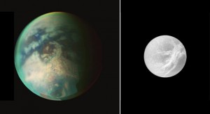 Composite of two images from NASA's Cassini spacecraft of Saturn's moons Titan (left) and Dione (right). Image credits: NASA/JPL/University of Arizona/Space Science Institute Composite of two images from NASA's Cassini spacecraft of Saturn's moons Titan (left) and Dione (right). Image credits: NASA/JPL/University of Arizona/Space Science Institute