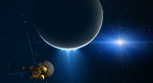 Artist's concept of Cassini's flyby of Saturn's moon Enceladus. Image credit: NASA/JPL  