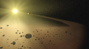 In this artist's concept, a narrow asteroid belt filled with rocks and dusty debris orbits a star similar to our own sun. Image credit: NASA/JPL-Caltech In this artist's concept, a narrow asteroid belt filled with rocks and dusty debris orbits a star similar to our own sun. Image credit: NASA/JPL-Caltech