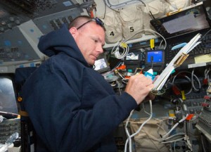 STS-132 Pilot Tony Antonelli works on the aft flight deck of the space shuttle Atlantis while docked with the International Space Station. Image credit: NASA STS-132 Pilot Tony Antonelli works on the aft flight deck of the space shuttle Atlantis while docked with the International Space Station. Image credit: NASA