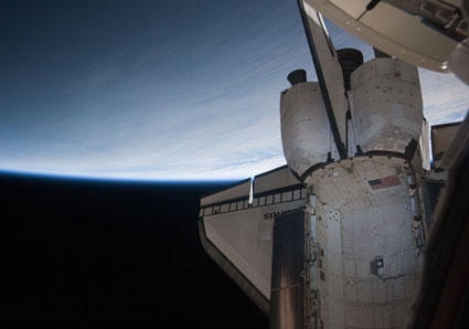 The aft section of space shuttle Atlantis is featured in this image photographed by an STS-132 crew member while docked with the International Space Station. Credit: NASA The aft section of space shuttle Atlantis is featured in this image photographed by an STS-132 crew member while docked with the International Space Station. Credit: NASA