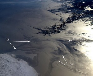 The Mississippi River Delta and nearby Louisiana coast appear dark in the sunglint. This phenomenon is caused by sunlight reflecting off the water surface, in a mirror-like manner, directly back towards the astronaut observer aboard the International Space Station. The sunglint improves the identification of the oil spill which is creating a different water texture (and therefore a contrast) between the smooth and rougher water of the reflective ocean surface. Credit: NASA The Mississippi River Delta and nearby Louisiana coast appear dark in the sunglint. This phenomenon is caused by sunlight reflecting off the water surface, in a mirror-like manner, directly back towards the astronaut observer aboard the International Space Station. The sunglint improves the identification of the oil spill which is creating a different water texture (and therefore a contrast) between the smooth and rougher water of the reflective ocean surface. Credit: NASA