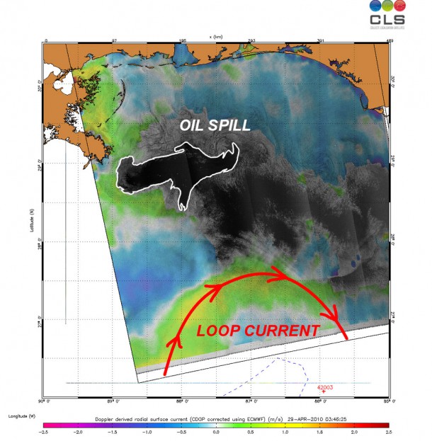 In this Envisat Advanced Synthetic Aperture Radar (ASAR) product for 29 April 2010, advanced processing methods have been performed to display ocean surface roughness variations and Doppler-derived ocean surface radial velocities around the oil spill area in the Gulf of Mexico. Credits: CLS In this Envisat Advanced Synthetic Aperture Radar (ASAR) product for 29 April 2010, advanced processing methods have been performed to display ocean surface roughness variations and Doppler-derived ocean surface radial velocities around the oil spill area in the Gulf of Mexico. Credits: CLS