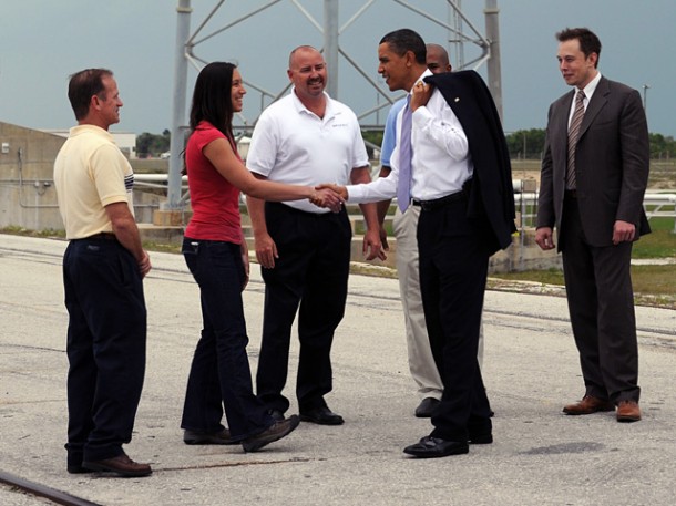 Meeting the President at the Falcon 9 launch site, from left: Neil G. Hicks, Florence Li, Brian Mosdell, President Obama, Leslie Woods Jr., and Elon Musk. Credit: Getty Images. Meeting the President at the Falcon 9 launch site, from left: Neil G. Hicks, Florence Li, Brian Mosdell, President Obama, Leslie Woods Jr., and Elon Musk. Credit: Getty Images.