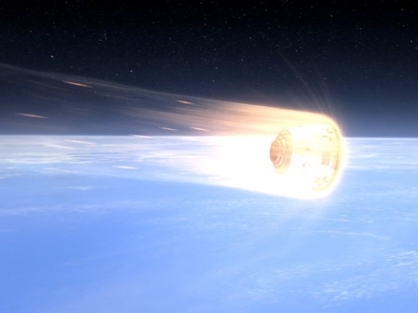 Protected by a PICA-X heat shield, the Dragon spacecraft reenters the Earth's atmosphere at around 7 kilometers per second (15,660 miles per hour), heating the exterior of the spacecraft as high as 2000 degrees Celsius (3620 degrees F). Credit: SpaceX. Protected by a PICA-X heat shield, the Dragon spacecraft reenters the Earth's atmosphere at around 7 kilometers per second (15,660 miles per hour), heating the exterior of the spacecraft as high as 2000 degrees Celsius (3620 degrees F). Credit: SpaceX.