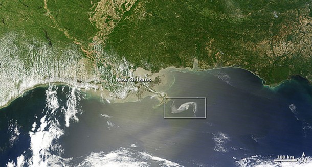 On April 29, the MODIS image on the Terra satellite captured a wide-view natural-color image of the oil slick (outlined in white) just off the Louisiana coast. The oil slick appears as dull gray interlocking comma shapes, one opaque and the other nearly transparent. Sunglint -- the mirror-like reflection of the sun off the water -- enhances the oil slick’s visibility. The northwestern tip of the oil slick almost touches the Mississippi Delta. Credit: NASA/Earth Observatory On April 29, the MODIS image on the Terra satellite captured a wide-view natural-color image of the oil slick (outlined in white) just off the Louisiana coast. The oil slick appears as dull gray interlocking comma shapes, one opaque and the other nearly transparent. Sunglint -- the mirror-like reflection of the sun off the water -- enhances the oil slick’s visibility. The northwestern tip of the oil slick almost touches the Mississippi Delta. Credit: NASA/Earth Observatory/Jesse Allen, using data provided courtesy of the University of Wisconsin’s Space Science and Engineering Center MODIS Direct Broadcast system.