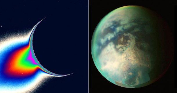 On the left, Saturn's moon Enceladus is backlit by the sun, showing the fountain-like sources of the fine spray of material that towers over the south polar region. On the right, is a composite image of Titan. Image credit: NASA/JPL/SSI and NASA/JPL/University of Arizona On the left, Saturn's moon Enceladus is backlit by the sun, showing the fountain-like sources of the fine spray of material that towers over the south polar region. On the right, is a composite image of Titan. Image credit: NASA/JPL/SSI and NASA/JPL/University of Arizona