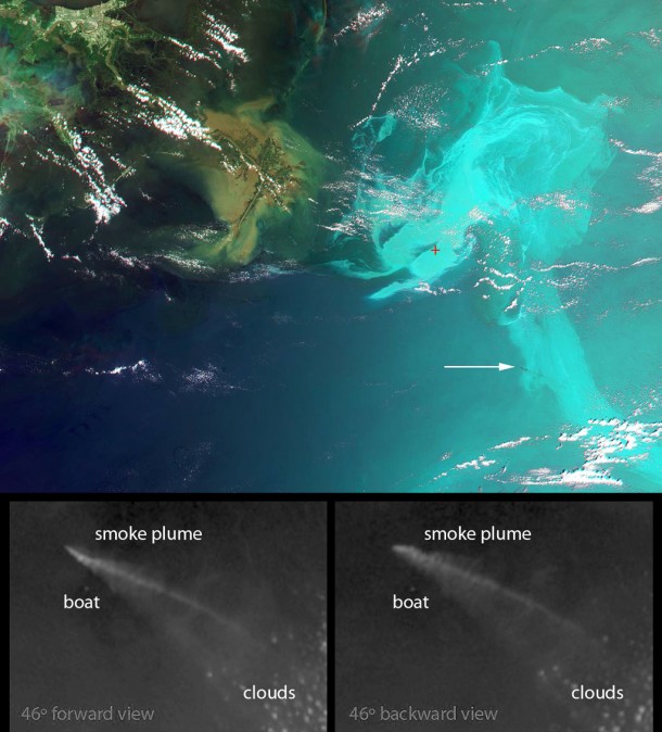 False-color image of the Gulf of Mexico oil spill, created by combining data from different color bands on two of MISR's nine cameras. Bottom: Two MISR camera views of a smoke plume believed to be from a controlled burn of oil on the ocean surface. Image credit: NASA/GSFC/LaRC/JPL, MISR Team False-color image of the Gulf of Mexico oil spill, created by combining data from different color bands on two of MISR's nine cameras. Bottom: Two MISR camera views of a smoke plume believed to be from a controlled burn of oil on the ocean surface. Image credit: NASA/GSFC/LaRC/JPL, MISR Team