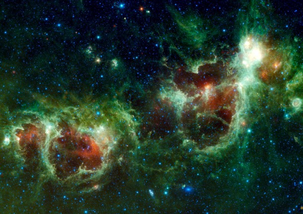 The Heart and Soul nebulae are seen in this infrared mosaic from NASA's Wide-field Infrared Survey Explorer, or WISE. Image credit: NASA/JPL-Caltech/UCLA The Heart and Soul nebulae are seen in this infrared mosaic from NASA's Wide-field Infrared Survey Explorer, or WISE. Image credit: NASA/JPL-Caltech/UCLA