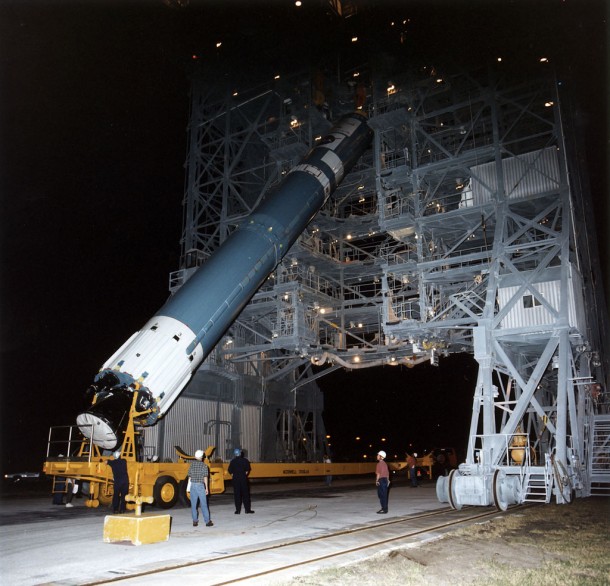 Build-up of the Delta II expendable launch vehicle that carried the Mars Global Surveyor is shown at Launch Complex-17A on Cape Canaveral Air Force Station in Florida in December 1996. Photo credit: NASA Build-up of the Delta II expendable launch vehicle that carried the Mars Global Surveyor is shown at Launch Complex-17A on Cape Canaveral Air Force Station in Florida in December 1996. Photo credit: NASA