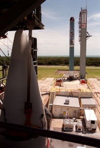 A solid rocket booster is lifted for installation onto the Boeing Delta 7362 rocket that launched Deep Space 1 at Launch Complex-17A, Cape Canaveral Air Force Station, Fla., in 1998. Photo credit: NASA A solid rocket booster is lifted for installation onto the Boeing Delta 7362 rocket that launched Deep Space 1 at Launch Complex-17A, Cape Canaveral Air Force Station, Fla., in 1998. Photo credit: NASA