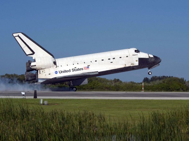Space shuttle Atlantis' main gear touched down on Runway 33 at the Shuttle Landing Facility at NASA's Kennedy Space Center in Florida at 8:48 a.m. EDT, completing a 12-day mission to the International Space Station. Credit: NASA/Carl Winebarger Space shuttle Atlantis' main gear touched down on Runway 33 at the Shuttle Landing Facility at NASA's Kennedy Space Center in Florida at 8:48 a.m. EDT, completing a 12-day mission to the International Space Station. Credit: NASA/Carl Winebarger