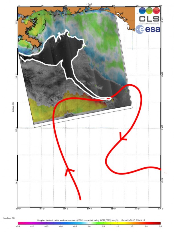 In this Envisat Advanced Synthetic Aperture Radar (ASAR) image, acquired on 18 May 2010, advanced processing methods have been performed to display ocean surface roughness variations and Doppler-derived ocean surface radial velocities around the oil spill area in the Gulf of Mexico. A long tendril of the oil spill (outlined in white) is visible extending down into the Loop Current (red arrow). Credits: CLS In this Envisat Advanced Synthetic Aperture Radar (ASAR) image, acquired on 18 May 2010, advanced processing methods have been performed to display ocean surface roughness variations and Doppler-derived ocean surface radial velocities around the oil spill area in the Gulf of Mexico. A long tendril of the oil spill (outlined in white) is visible extending down into the Loop Current (red arrow). Credits: CLS