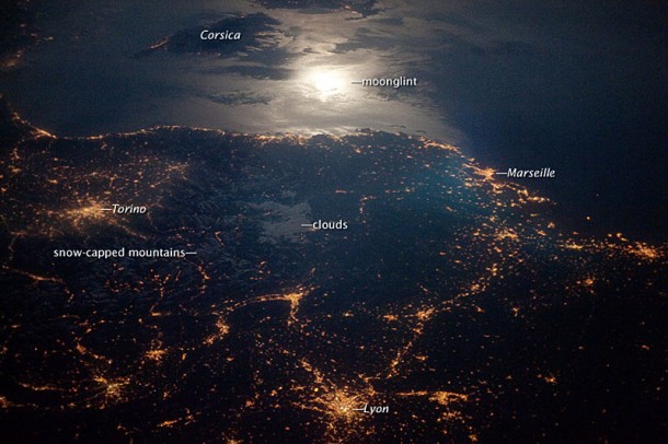 City Lights at Night along the France-Italy Border Seen from Space. Credit: Earth Observatory City Lights at Night along the France-Italy Border Seen from Space. Credit: Earth Observatory
