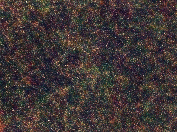 Image of the distant Universe as seen by Herschel’s SPIRE instrument. Every small spot of light is a distant galaxy, seen between 10 and 12 billion years ago. On close examination, the distribution is not uniform, with some containing more galaxies than others. Credit: ESA / SPIRE and HerMES consortia. Image of the distant Universe as seen by Herschel’s SPIRE instrument. Every small spot of light is a distant galaxy, seen between 10 and 12 billion years ago. On close examination, the distribution is not uniform, with some containing more galaxies than others. Credit: ESA / SPIRE and HerMES consortia.