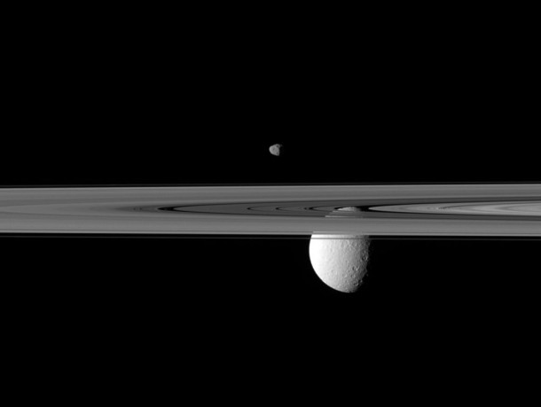 Great View of Saturn's Moons Rhea and Janus. Credit: NASA/JPL/Space Science Institute 