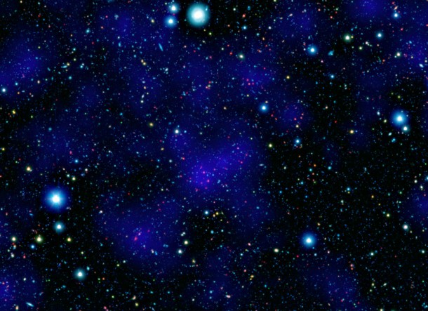 A surprisingly large collections of galaxies (red dots in center) stands out at a remarkably large distance in this composite image combining infrared and visible-light observations. NASA's Spitzer Space Telescope contributed to the infrared component of the observations, while shorter-wavelength infrared and visible data are provided by Japan's Subaru telescope atop Mauna Kea, Hawaii. Image credit: NASA/JPL-Caltech/Subaru A surprisingly large collections of galaxies (red dots in center) stands out at a remarkably large distance in this composite image combining infrared and visible-light observations. NASA's Spitzer Space Telescope contributed to the infrared component of the observations, while shorter-wavelength infrared and visible data are provided by Japan's Subaru telescope atop Mauna Kea, Hawaii. Image credit: NASA/JPL-Caltech/Subaru
