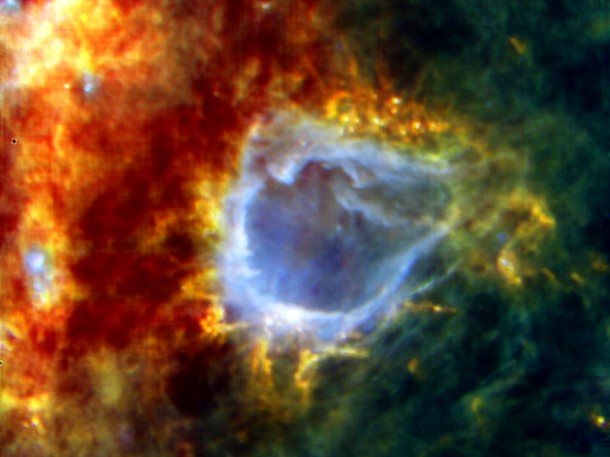 RCW 120 is a galactic bubble with a large surprise. How large? At least 8 times the mass of the Sun. Nestled in the shell around this large bubble is an embryonic star that looks set to turn into one of the brightest stars in the Galaxy. Credits: ESA/PACS/SPIRE/HOBYS Consortia RCW 120 is a galactic bubble with a large surprise. How large? At least 8 times the mass of the Sun. Nestled in the shell around this large bubble is an embryonic star that looks set to turn into one of the brightest stars in the Galaxy. Credits: ESA/PACS/SPIRE/HOBYS Consortia