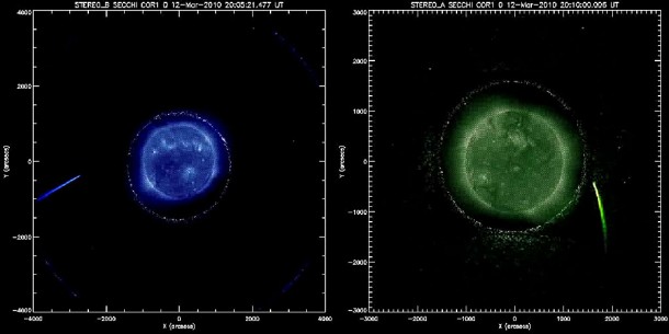 This is the comet and its tail as observed by NASA's twin STEREO spacecraft.The left side is STEREO B (orbiting behind the Earth) and the right is STEREO A (ahead). The outer images are from Cor2, the middle ones are from Cor1 and the inner ones of the solar disk are from the EUVI instruments onboard STEREO. (NASA. UC Berkeley) This is the comet and its tail as observed by NASA's twin STEREO spacecraft.The left side is STEREO B (orbiting behind the Earth) and the right is STEREO A (ahead). The outer images are from Cor2, the middle ones are from Cor1 and the inner ones of the solar disk are from the EUVI instruments onboard STEREO. (NASA. UC Berkeley)