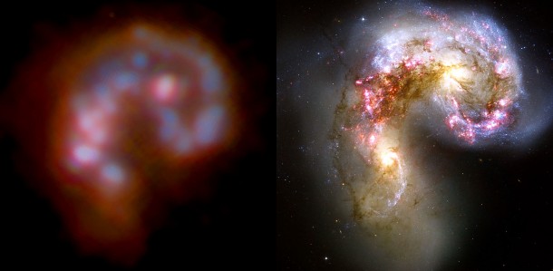The Antennae Galaxies as seen in the far-infrared by Herschel (left), and in visible light by the Hubble Space Telescope (right). The areas with most star formation are bright in the Herschel image, but hidden by dust in the Hubble image. Credit: ESA / PACS / SHINING / U. Klaas & M. Nielbock, MPIA. The Antennae Galaxies as seen in the far-infrared by Herschel (left), and in visible light by the Hubble Space Telescope (right). The areas with most star formation are bright in the Herschel image, but hidden by dust in the Hubble image. Credit: ESA / PACS / SHINING / U. Klaas & M. Nielbock, MPIA.