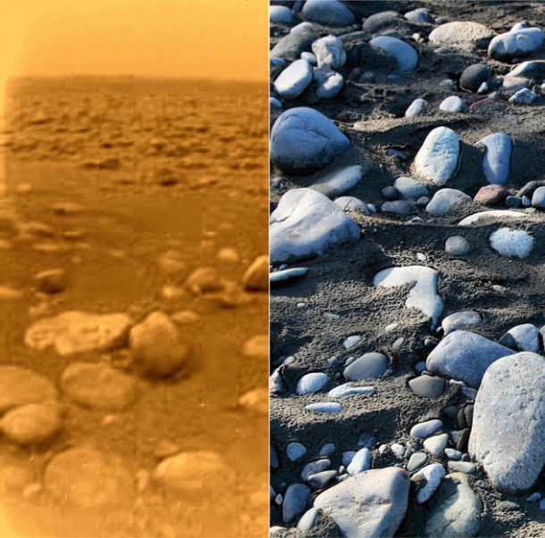 The left-hand image, obtained by the European Space Agency's Huygens probe, shows rounded rocks from the surface of Saturn's moon Titan. Huygens rode with NASA's Cassini spacecraft to the Saturn system. The right-hand image, taken by amateur photographer Sandra M. Matheson, shows river rocks on Earth. Image Credit: NASA/JPL/ESA/University of Arizona and S.M. Matheson The left-hand image, obtained by the European Space Agency's Huygens probe, shows rounded rocks from the surface of Saturn's moon Titan. Huygens rode with NASA's Cassini spacecraft to the Saturn system. The right-hand image, taken by amateur photographer Sandra M. Matheson, shows river rocks on Earth. Image Credit: NASA/JPL/ESA/University of Arizona and S.M. Matheson
