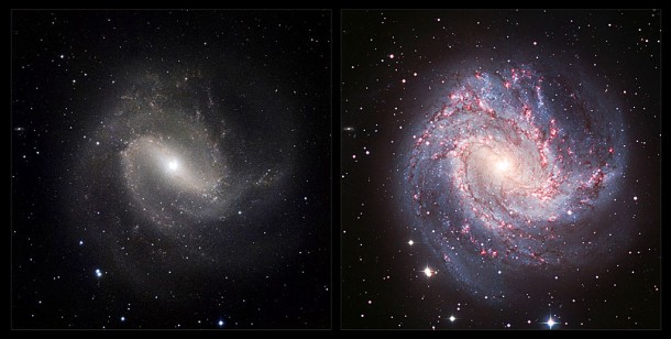 This image is a comparison of the view of the galaxy Messier 83 in visible and infrared light. The visible light image (right) was taken with the Wide Field Imager on the 2.2-metre MPG/ESO telescope at La Silla in Chile. The new infrared image (left) was taken with the HAWK-I instrument on the VLT at ESO’s Paranal Observatory. Credit: ESO/M. Gieles. This image is a comparison of the view of the galaxy Messier 83 in visible and infrared light. The visible light image (right) was taken with the Wide Field Imager on the 2.2-metre MPG/ESO telescope at La Silla in Chile. The new infrared image (left) was taken with the HAWK-I instrument on the VLT at ESO’s Paranal Observatory. Credit: ESO/M. Gieles.
