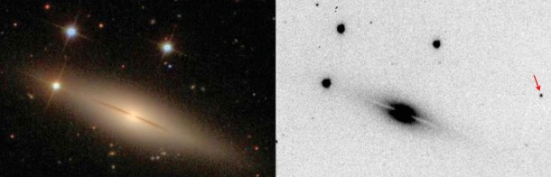 The environment of SN 2005 E. The image to the left shows NGC 1032, the host galaxy of the supernova, before the supernova explosion. The discovery of the supernova SN 2005E is shown on the right. Note the remote location of the supernova (marked by the arrow) with respect to its host, about 750 000 light years from the galaxy nucleus. Credit: SDSS, Lick Observatory The environment of SN 2005 E. The image to the left shows NGC 1032, the host galaxy of the supernova, before the supernova explosion. The discovery of the supernova SN 2005E is shown on the right. Note the remote location of the supernova (marked by the arrow) with respect to its host, about 750 000 light years from the galaxy nucleus. Credit: SDSS, Lick Observatory