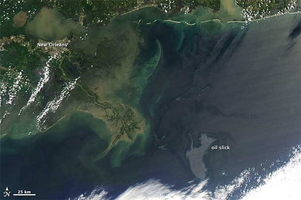 Satellite image from the Aqua Satellite on May 4, 2010 showing the oil spill in the Gulf of Mexico. Credit: NASA/Goddard/MODIS Rapid Response Team Satellite image from the Aqua Satellite on May 4, 2010 showing the oil spill in the Gulf of Mexico. Credit: NASA/Goddard/MODIS Rapid Response Team