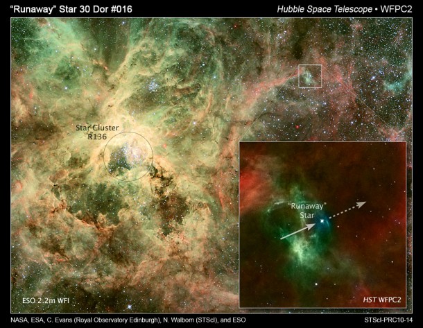 This image of the 30 Doradus nebula, a rambunctious stellar nursery, and the enlarged inset photo show a heavyweight star that may have been kicked out of its home by a pair of heftier siblings. Credit for Hubble Image: NASA, ESA, J. Walsh (ST-ECF), and ESO This image of the 30 Doradus nebula, a rambunctious stellar nursery, and the enlarged inset photo show a heavyweight star that may have been kicked out of its home by a pair of heftier siblings. Credit for Hubble Image: NASA, ESA, J. Walsh (ST-ECF), and ESO