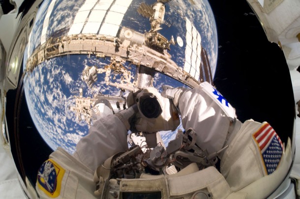 NASA astronaut Garrett Reisman, STS-132 mission specialist, takes a busy "self portrait" into his helmet visor while participating in the first of three spacewalks scheduled for the Atlantis crew and their Expedition 23 hosts. Credit: NASA NASA astronaut Garrett Reisman, STS-132 mission specialist, takes a busy "self portrait" into his helmet visor while participating in the first of three spacewalks scheduled for the Atlantis crew and their Expedition 23 hosts. Credit: NASA