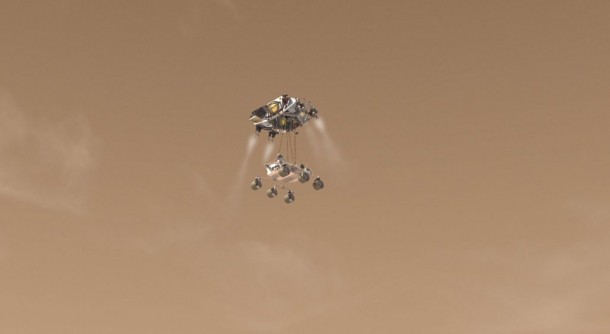This artist's concept from an animation depicts Curiosity, the rover to be launched in 2011 by NASA's Mars Science Laboratory, as it is being lowered by the mission's rocket-powered descent stage during a critical moment of the "sky crane" landing in 2012. Image Credit: NASA/JPL-Caltech This artist's concept from an animation depicts Curiosity, the rover to be launched in 2011 by NASA's Mars Science Laboratory, as it is being lowered by the mission's rocket-powered descent stage during a critical moment of the "sky crane" landing in 2012. Image Credit: NASA/JPL-Caltech