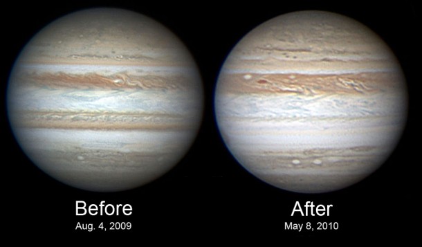 These side by side images of Jupiter taken by Australian astrophotographer Anthony Wesley show the SEB in August 2009, but not in May 2010. Credit: Anthony Wesley These side by side images of Jupiter taken by Australian astrophotographer Anthony Wesley show the SEB in August 2009, but not in May 2010. Credit: Anthony Wesley