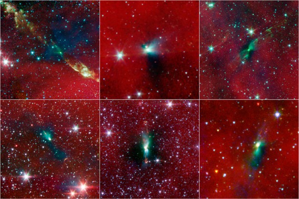 New evidence from NASA's Spitzer Space Telescope is showing that tight-knit twin stars might be triggered to form by asymmetrical envelopes like the ones shown in this image. Image credit: NASA/JPL-Caltech/Univ. of Michigan New evidence from NASA's Spitzer Space Telescope is showing that tight-knit twin stars might be triggered to form by asymmetrical envelopes like the ones shown in this image. Image credit: NASA/JPL-Caltech/Univ. of Michigan